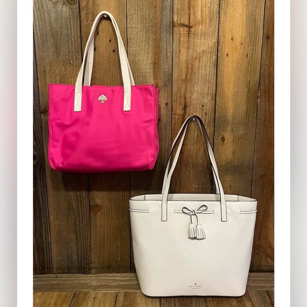 Kate Spade. Set of 2: White Leather Hayes Tote and Pink Nylon Elise Tote. - Picture 9 of 16